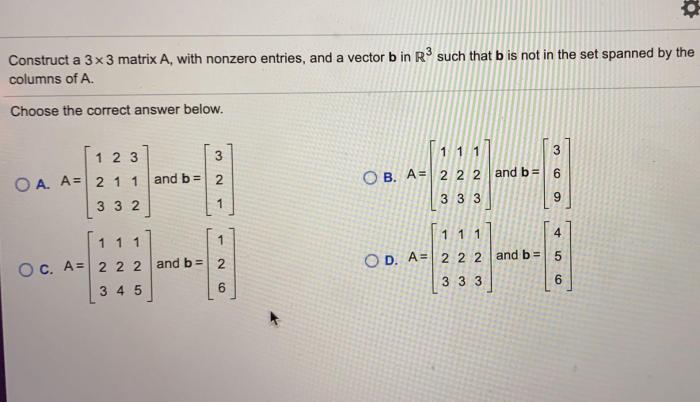 Matrix construct nonzero entries set spanned columns vector 3x3 such r3 correct choose problem solved thanks please work show