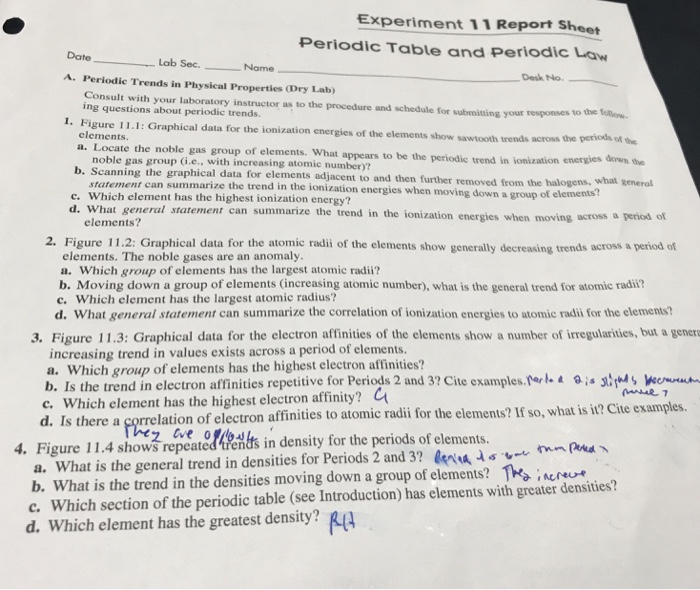 Experiment 11 pre laboratory assignment periodic table and periodic law